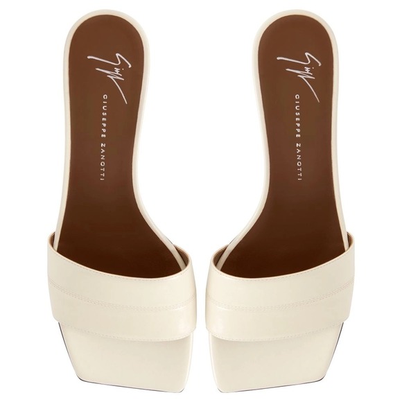 Giuseppe Zanotti Shoes - Giuseppe Zanotti Cream Leather Square Toe Kitten Heel Mules Sandals Sz 8